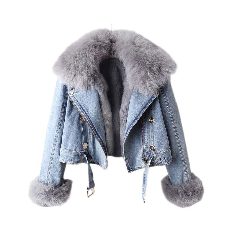 Tøj Fox Rabbit Fur er Denim Kvinders Short Top Party Jacket_voghion.com