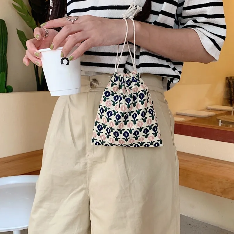 Floral Plaid Canvas Drawstring Cristmas Gift Candy Jewelry Cosmetics Coins Keys Organizer Packing Bags Storage Bag_voghion.com