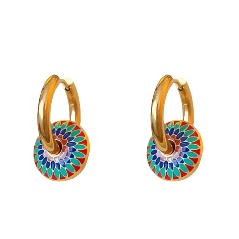 Wedding Sets 316L Stainless Steel Romantic Retro Enamel Round Gold Color Ear Buckle Hoop Earrings For Womens Fashion_voghion.com