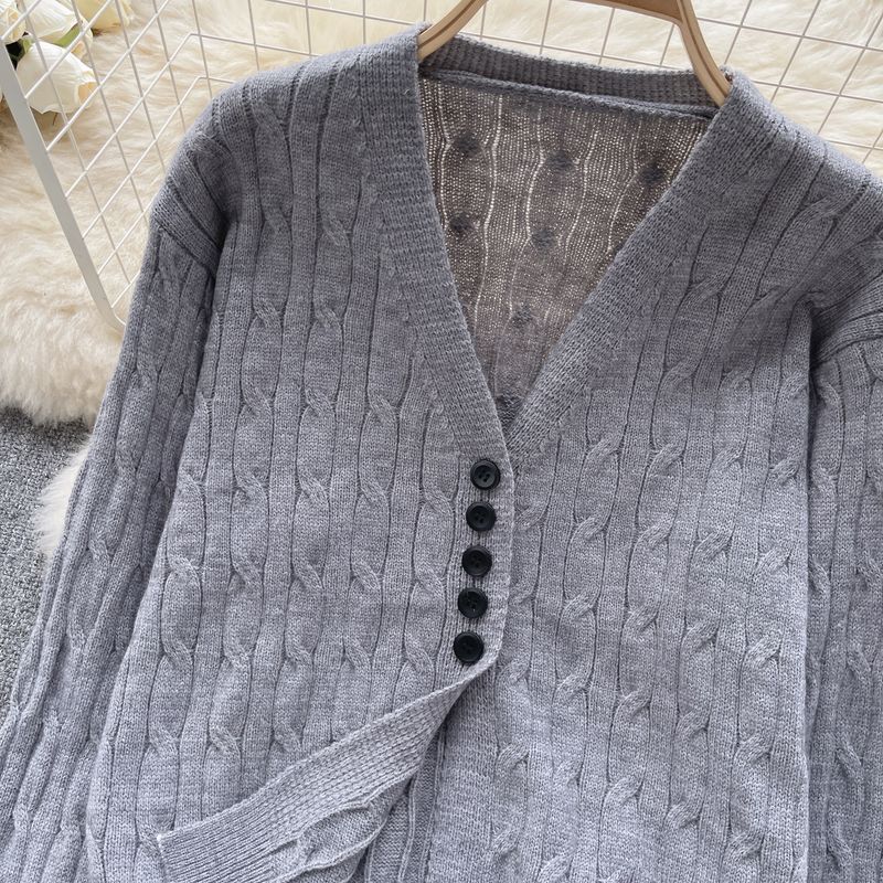 Ubrania damskie Retro leniwy styl dzianinowy kardigan kobiety jesień zima dekolt w serek miękki i luźny design niszowy temperament_voghion.com