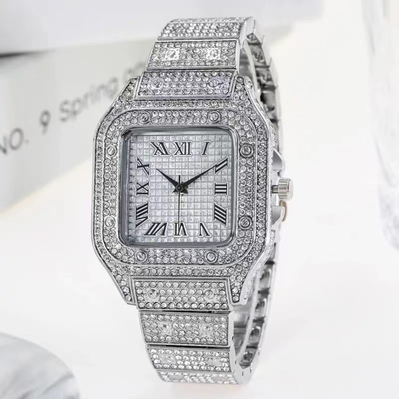 Montre carrée à quartz pour homme avec bracelet en acier et étoile du ciel incrustée de diamants, style européen et américain, à échelle romaine_voghion.com
