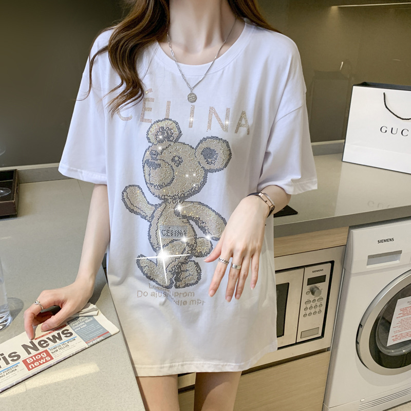 T-shirt estiva a maniche corte nera Bear Hot Diamond da donna in cotone pettinato, versione ampia di media lunghezza_voghion.com