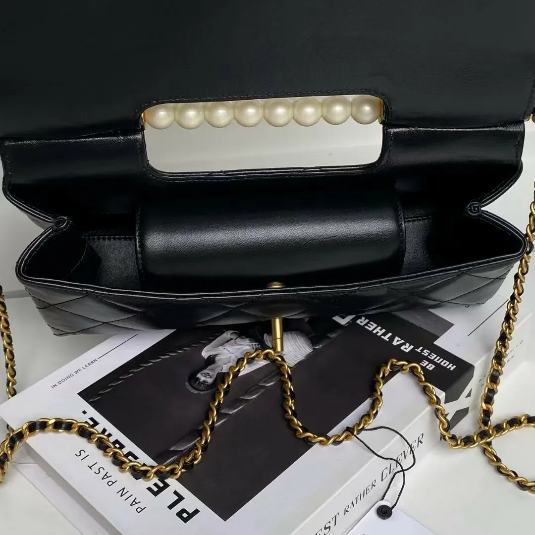 Top Designer Handtaschen mit Perlengriff, echtes Dia-Muster, weiches Leder, Clutch, goldfarbene Hardware, Hasp-Kette, Umhängetaschen_voghion.com