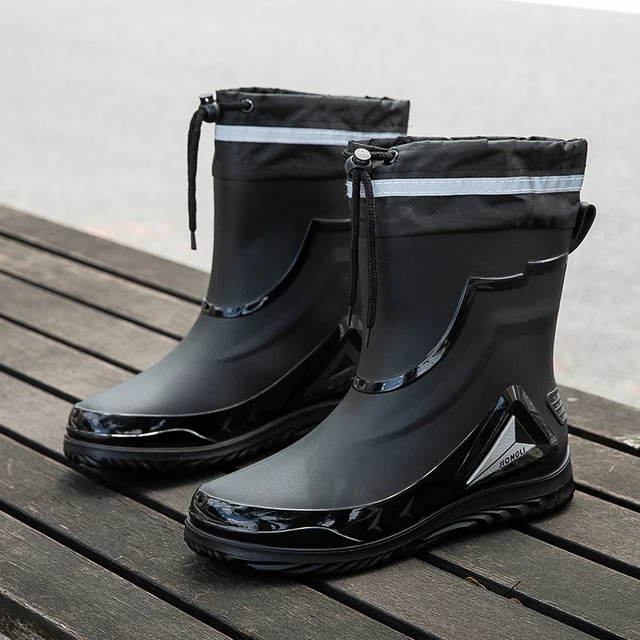 New Waterproof Shoes Black High Top Ankle Casual Flat Rainboots for Men Fashion Rubber Rain Boots Size 39-44_voghion.com