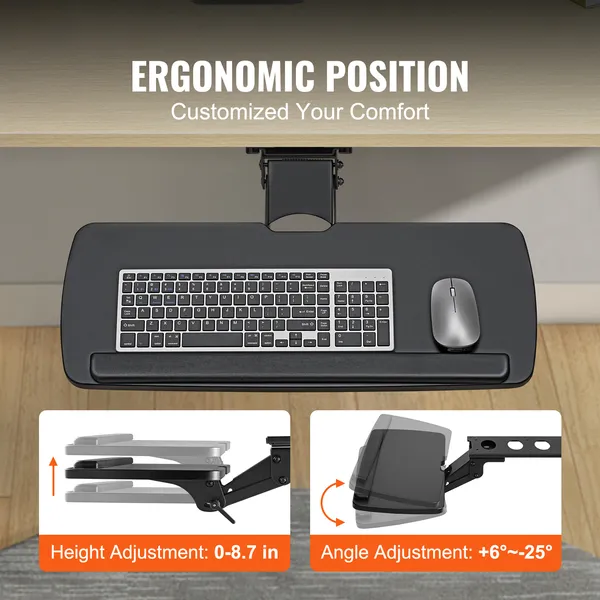Plateau de clavier réglable sous le bureau avec fonction coulissante, 25 x 9,8 pouces, réglage en hauteur et en inclinaison pour la saisie à domicile ou au bureau._voghion.com