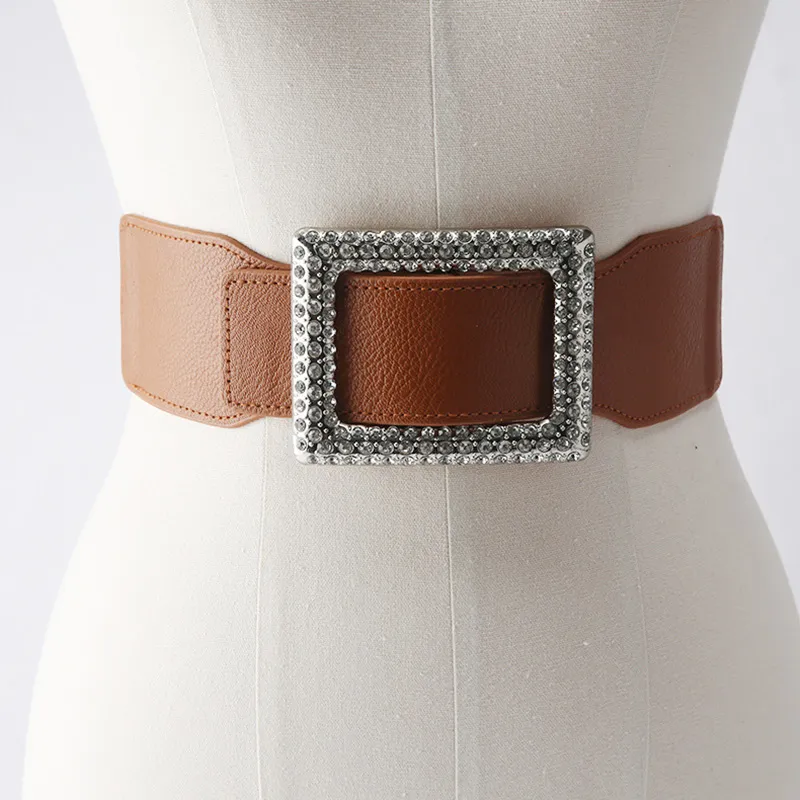 Cinture Cintura larga in pelle elastica alla moda per donna Cintura con fibbia quadrata con strass Cintura in vita con corsetto Cintura femminile_voghion.com