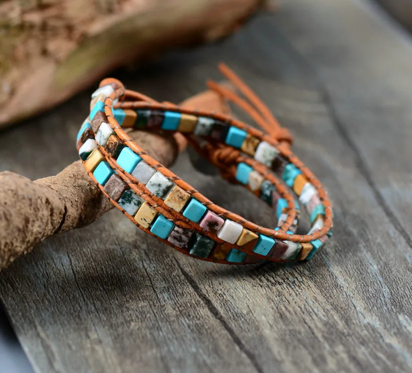 Stone Bead Leather Wrap Bracelet For Women Vintage Style_voghion.com