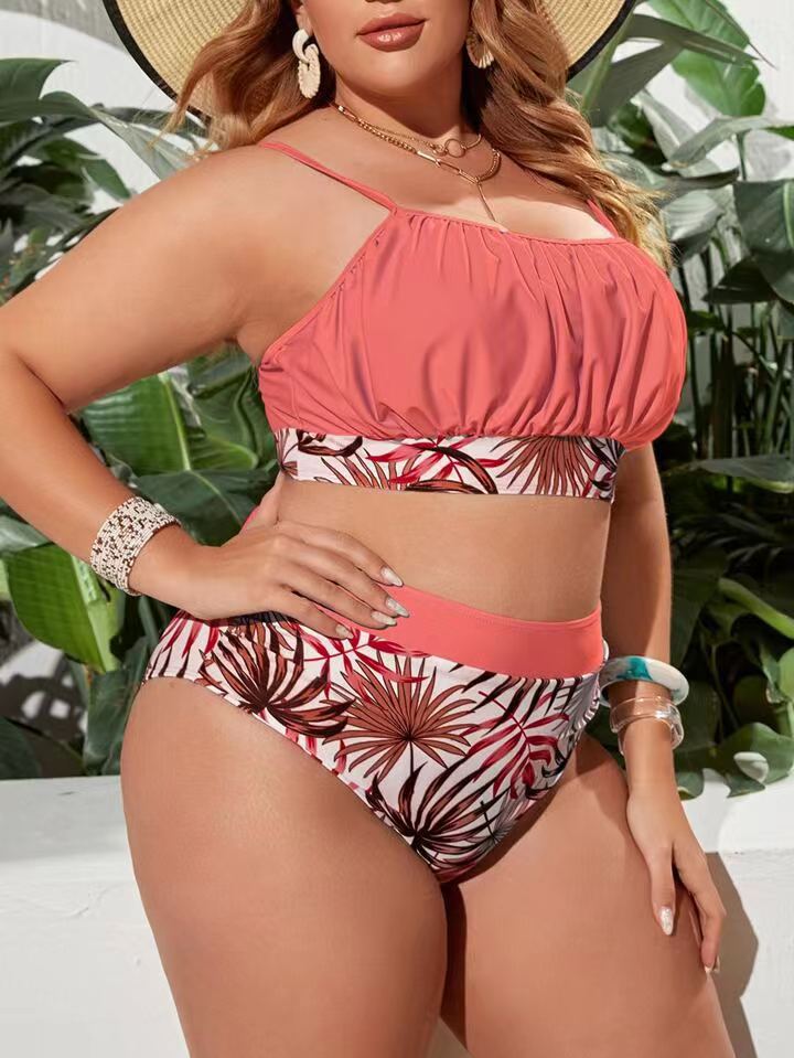 Women's large size plant print bikini suit chest pleated sling high waist split bikini_voghion.com