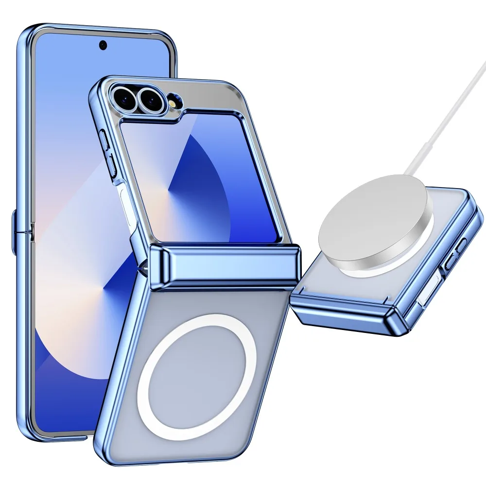 Electroplate Hinge Protective Wireless Charging Phone Case For Samsung Galaxy Z Flip 6 5 4 3 Flip6 Flip5 Flip4 Magnetic Cover