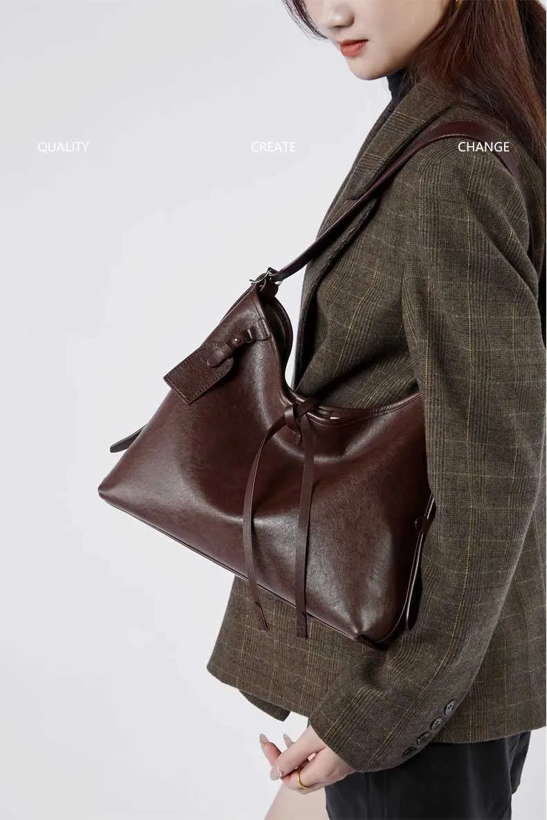 Toptrends Vintage Echtes Leder Große Unterarm Schulter Taschen Für Frauen 2024 Designer Einfache Weibliche Tote Hobo Damen_voghion.com