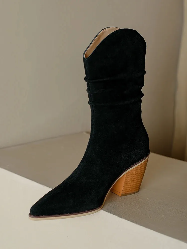 Women's Pleated Pointy Toe Slip-on Short Boots In Black And Camel_voghion.com