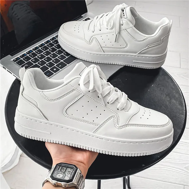 Men White Leather Flat Classic Casual Sports Lace up Skateboard Board Shoes Walking Travel Leisure Running Sneakers_voghion.com