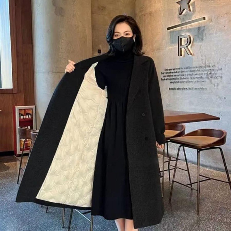 Women's Clothing Plus Size Warm Wool Blend Overcoat With Notched Lapel & Fleece Lining - Flowy Mid-Length Winter Coat For Women ( )​​