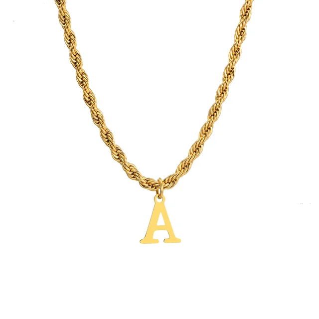 Initials Necklace for Men Women,Stainless Steel A-Z Letters Alphabet Pendant with Twisted Rope Cuban Chain_voghion.com