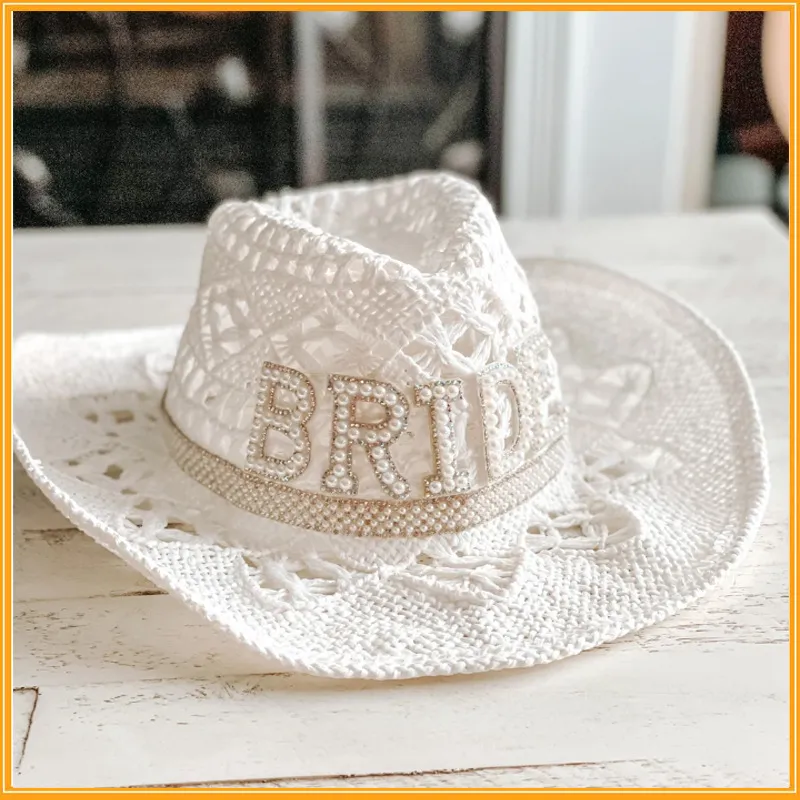 Chapeaux à large bord blanc Dia Fringe Bride Cowgirl Hat Mme Cowboy Bridesmaid Gift Bridal Summer Country Western HatWide_voghion.com