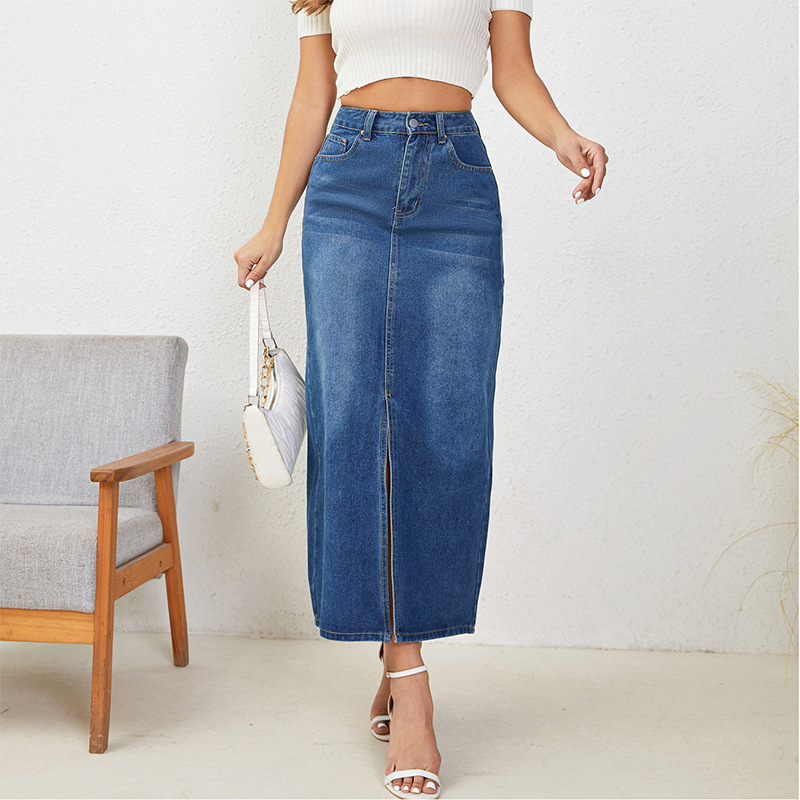 slit skirt for women fashion denim long skirt washed temperament commuter denim skirt