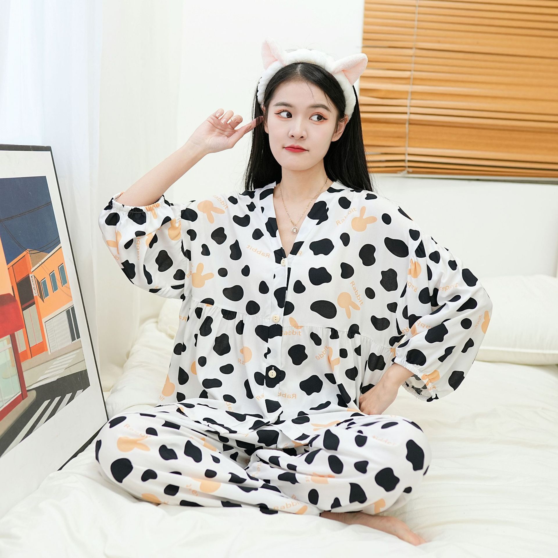 Pigiami da donna Pigiama in cotone e seta con sette polsini, pantaloni a campana per la casa di grandi dimensioni_voghion.com
