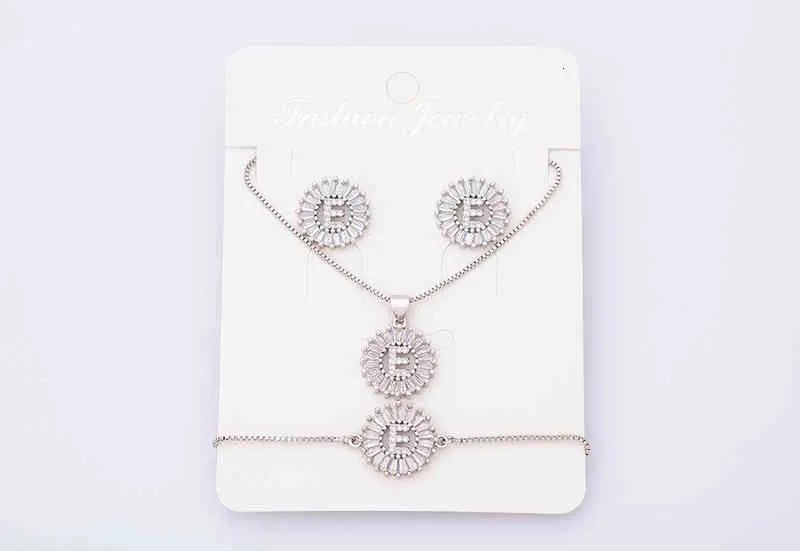 Charm Initial Necklace + Stud Earrings Bracelet Sets Jewelry Copper Zircon White Color A-z 26 Letters Alphabet_voghion.com