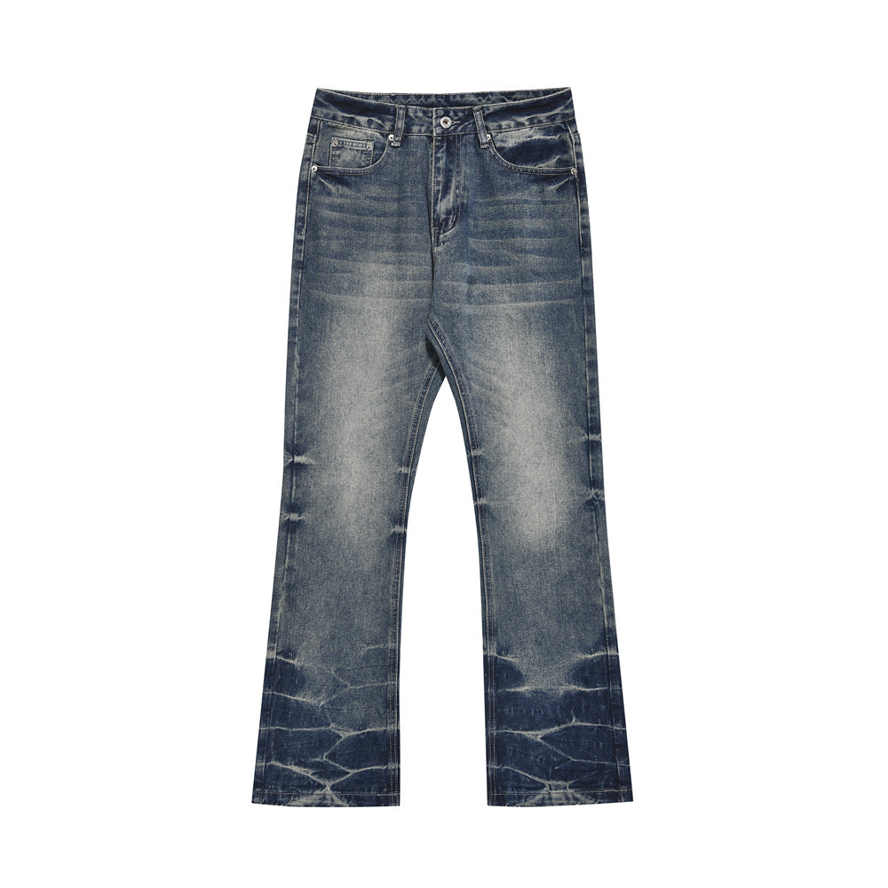 Distressed Washed Denim Jeans für Herren – Weit geschnittener Bootcut im amerikanischen Vintage-Stil mit Batik- und Bügelfaltendetails