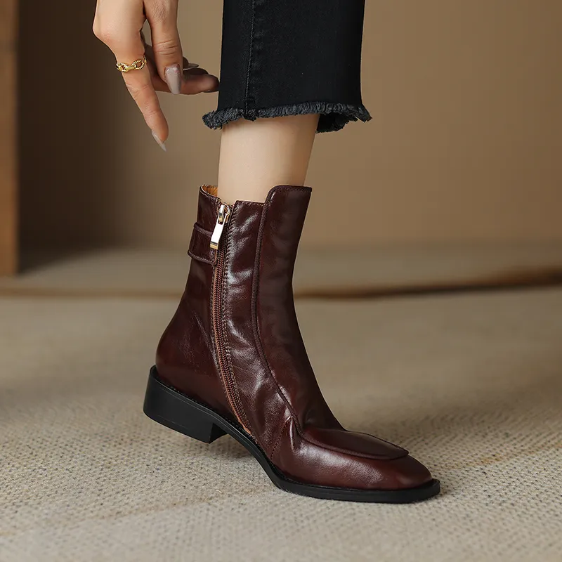 2024 New Autumn Square Toe Low Heel Women Shoes Genuine Brown Ankle Block Retro Leather Boots 3d39_voghion.com