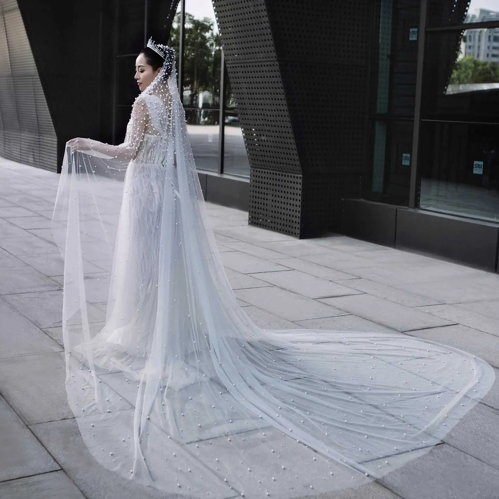 Gioielli per capelli V139a Veli da sposa con perline Velo extra lungo da cattedrale Lunghezza 3 metri con pettine Accessori da sposa_voghion.com