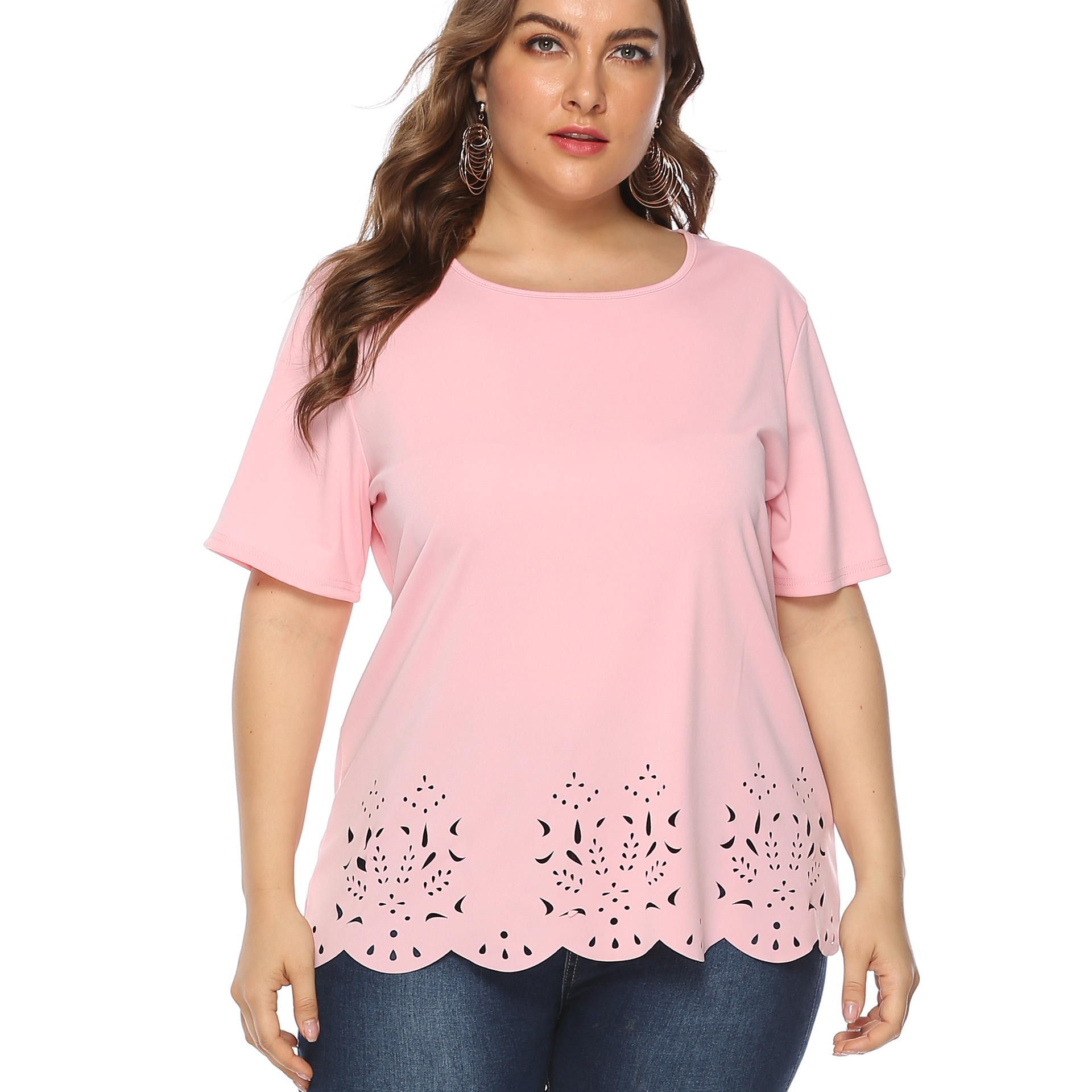 Women's tops large size women's clothing solid color burnt flower hollow wave edge casual short-sleeved T-shirt_voghion.com