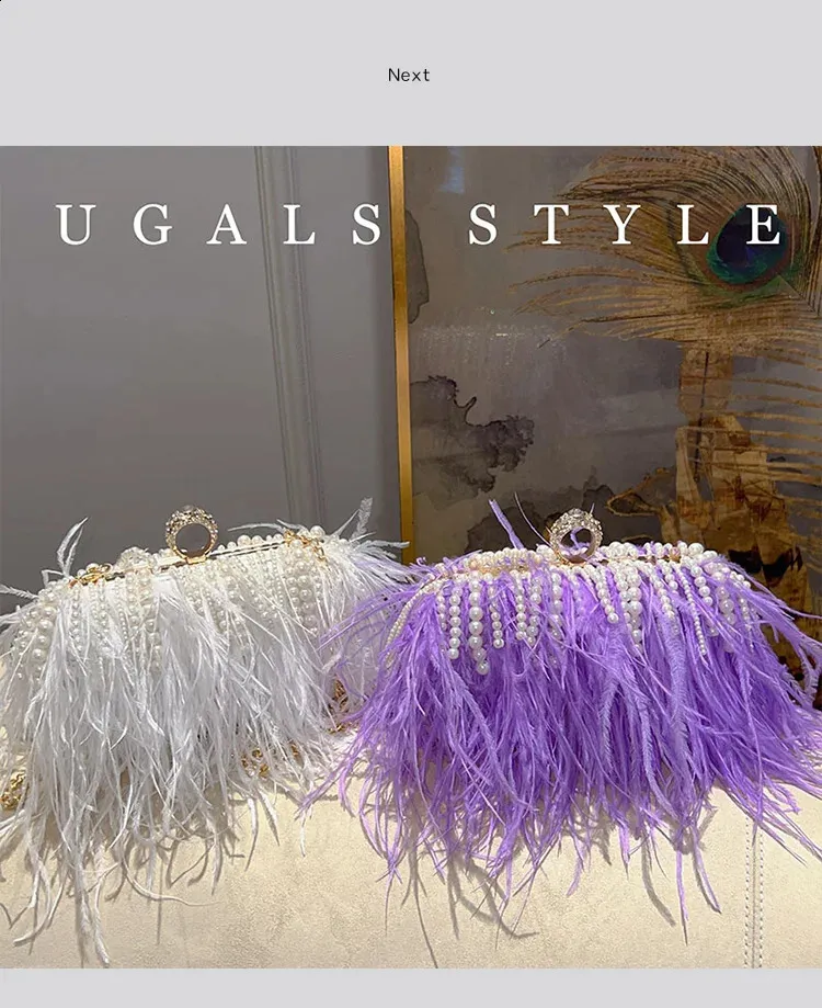 Pochette de soirée en plumes avec perles pour mariage et soirée_voghion.com