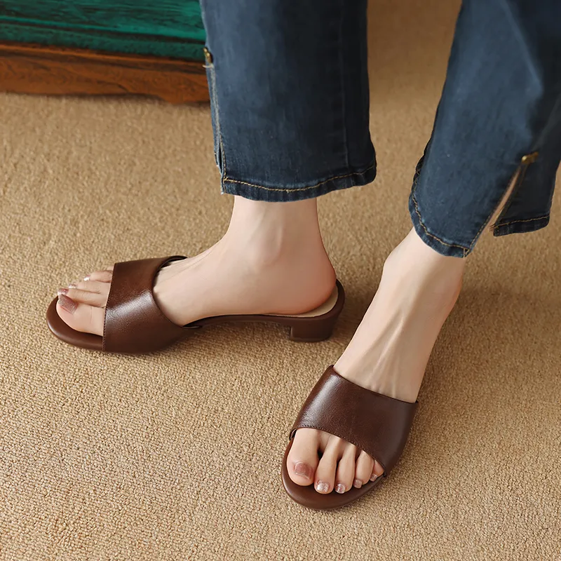 Size JOZHAMTA 33-42 Women Mules Sandals Real Leather Thick Mid Heels Summer Shoes 2025 Casual Daily Home Outdoor Slides_voghion.com