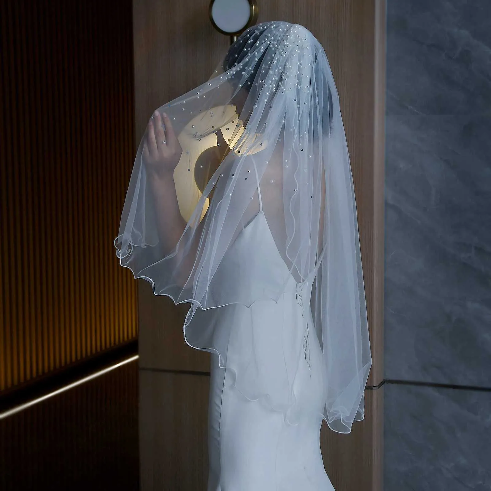 Hair Jewelry MZA32 2 Tier Veil With Blusher Pearls Bridal Veils Elbow Length Wave Pencil Edge Soft Wedding Accessories_voghion.com