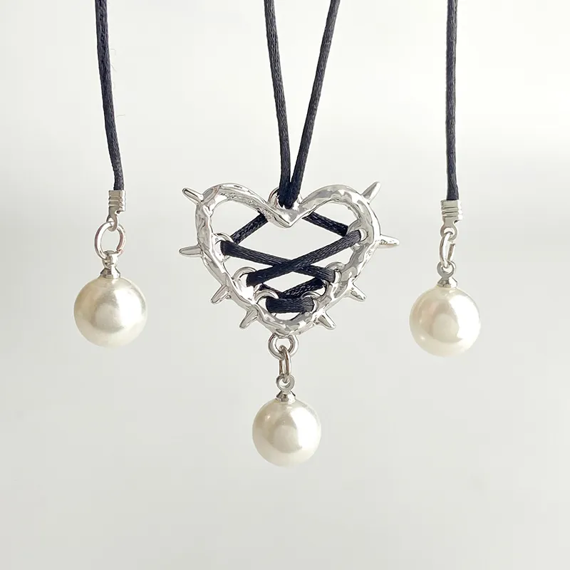 Hart hanger ketting met parel en lint voor dames vintage_voghion.com