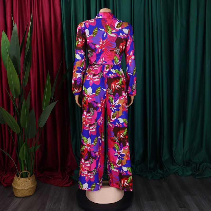 Women's Fashion Print Two-piece Lapel Tie Shirt Wide Leg Pants Suit_voghion.com