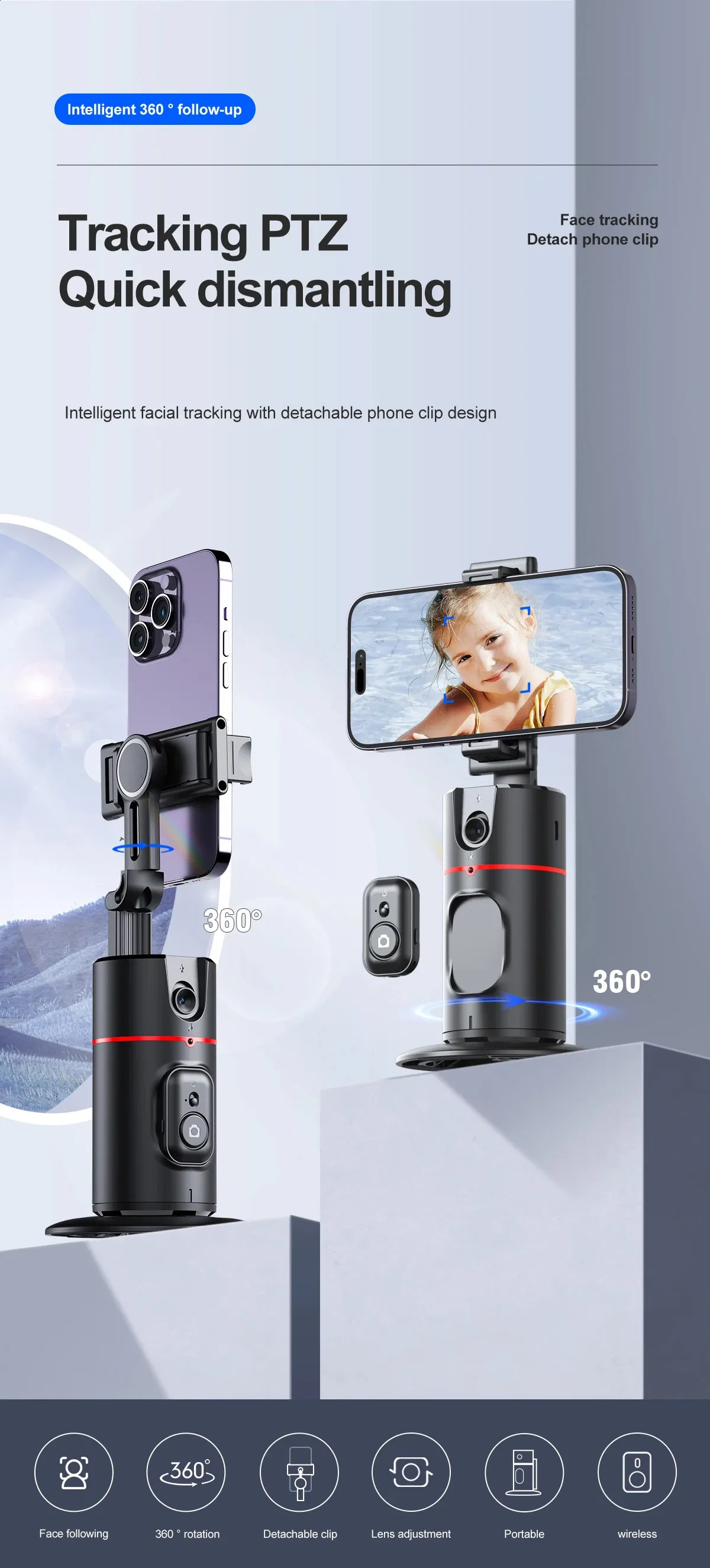 Selfieshow P02 Gimbal 360 Rotation AI Automatic Tracking Shooting Stabilizer Detachable Phone Clip Mini Selfie Stick_voghion.com