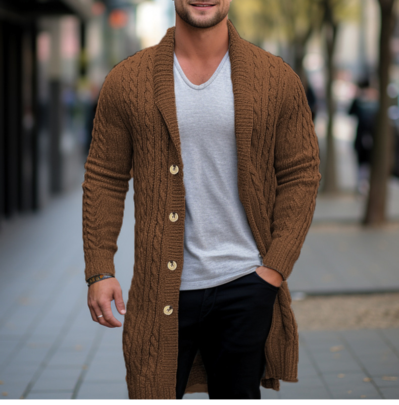 Pull mi-long en maille pour homme avec cardigan torsadé à aiguille épaisse et veste en laine SY0107_voghion.com