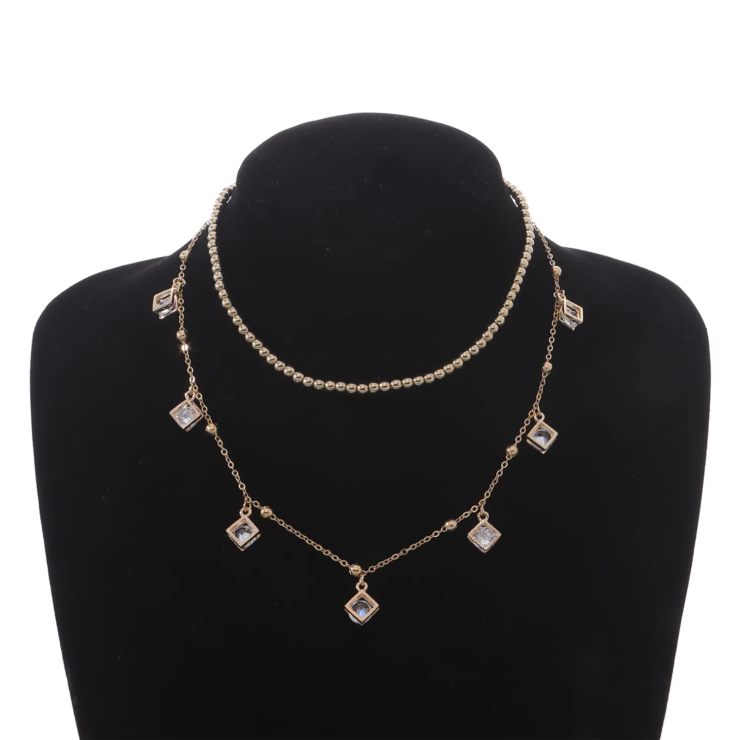 Collane con ciondolo Collana con doppio strato di cristallo quadrato per donna Squisita personalità Semplice perline rotonde Clavicola_voghion.com