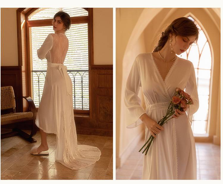 Vêtements pour femmes Robe de matin de mariage Chemise de nuit longue pour femmes Maquillage de mariage Demoiselles d’honneur Niche Kimono Satin Peignoir extra long_voghion.com