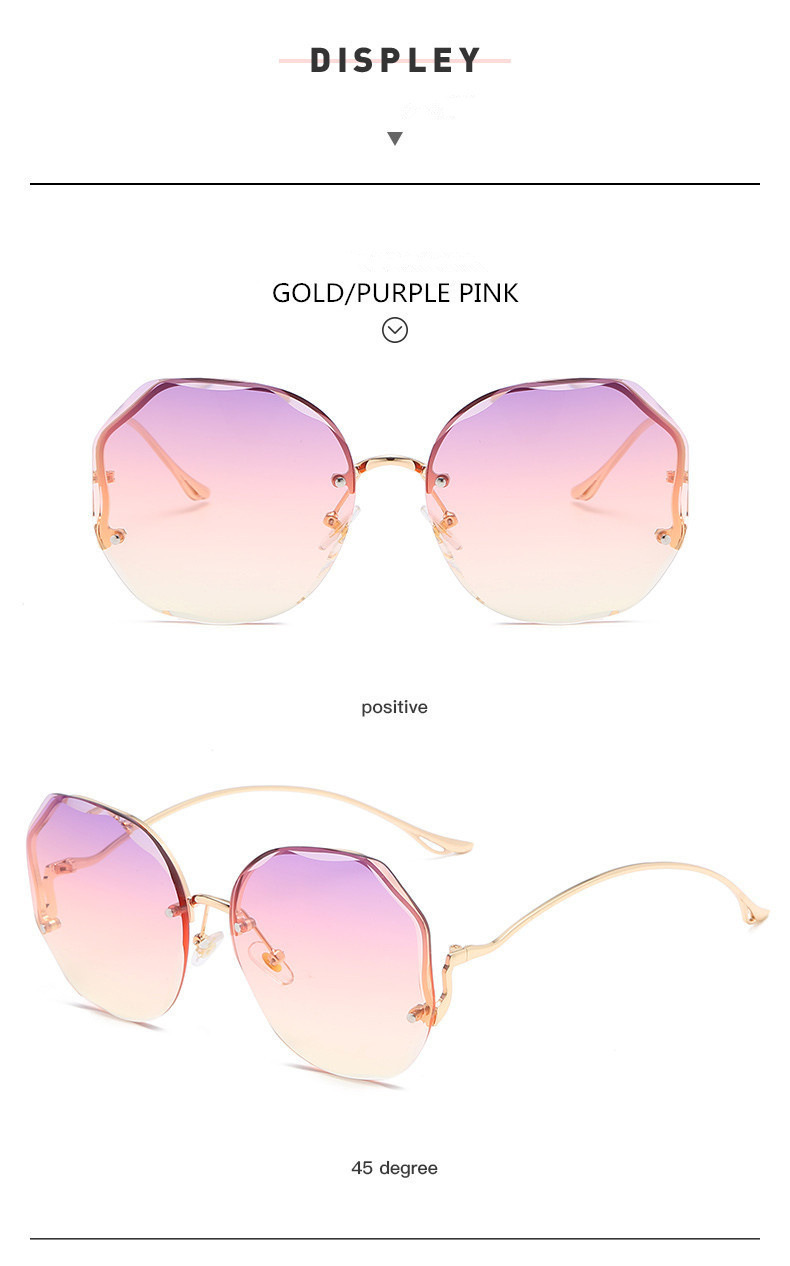 Nuovi occhiali da sole alla moda senza montatura per donna con aste curve in metallo deformato, occhiali da sole con protezione solare ripresi da celebrità di Internet._voghion.com