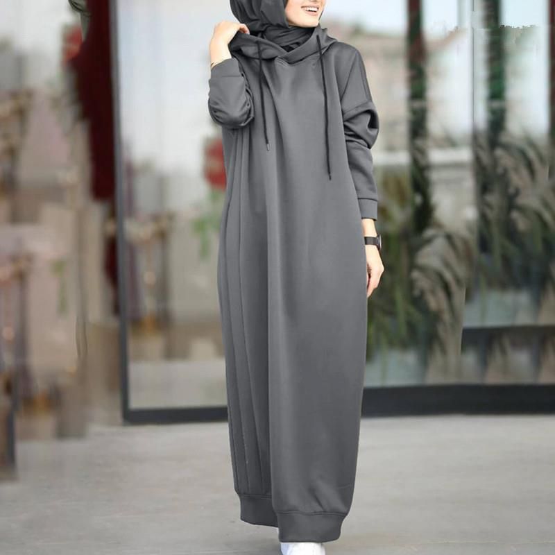 Damenbekleidung Muslimische Herbstkleidung Einfarbig Pelz Plüsch Stoff Mit Kapuze Kordelzug Locker Lässig Tasche Langarm_voghion.com