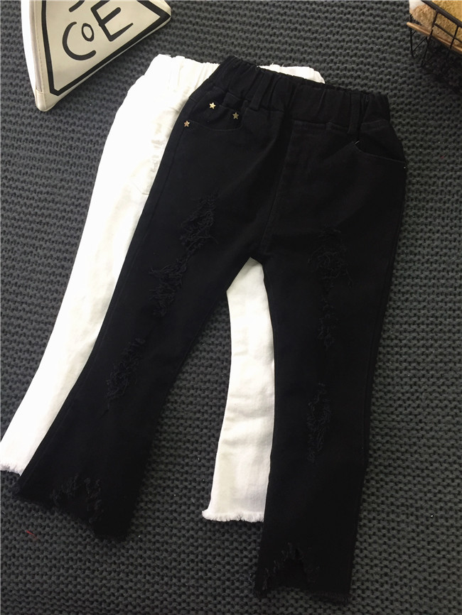 Mother & Kids Children's clothing girls black and white jeans spring new girls spring pants fashion ripped bell-bottom pants_voghion.com