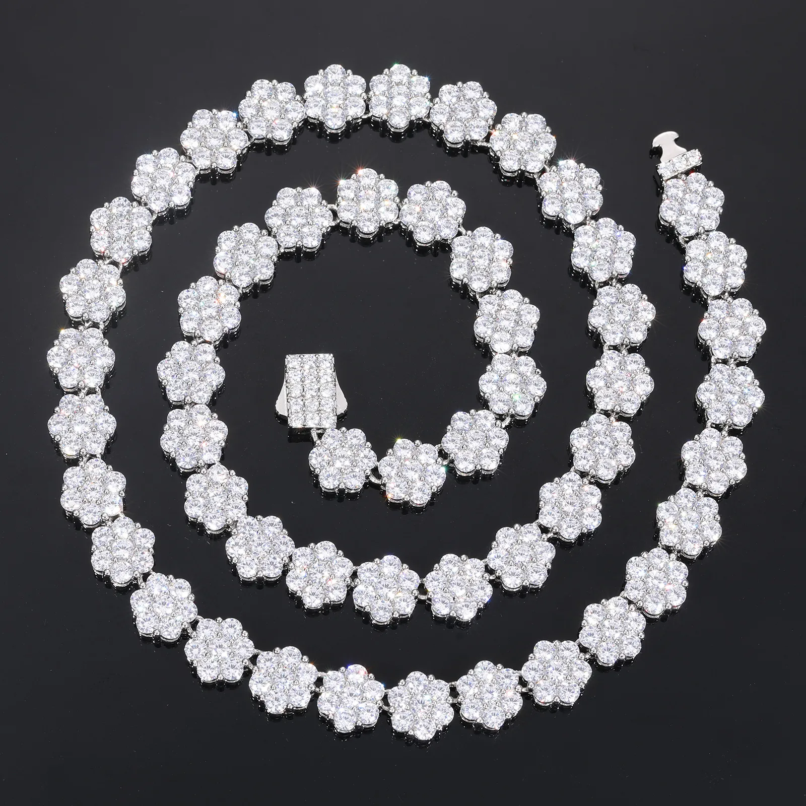 Gecertificeerde 9 mm Sterling Sier Diamond Cluster Flower Design Iced Out Cuban Link Chain-ketting met VVS Moissanite_voghion.com