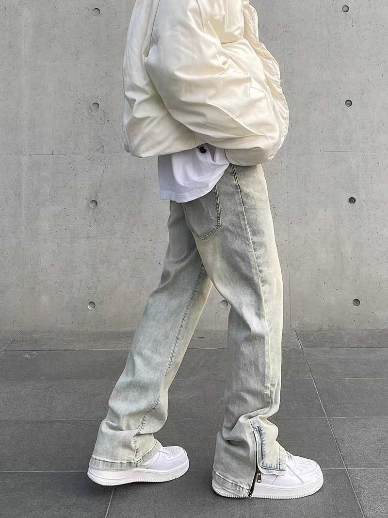 New High Street Washed Used Yellow Mud Dyeing Zipper Split Jeans Men's Straight Tube Casual Micro Pull Pants Trendy_voghion.com