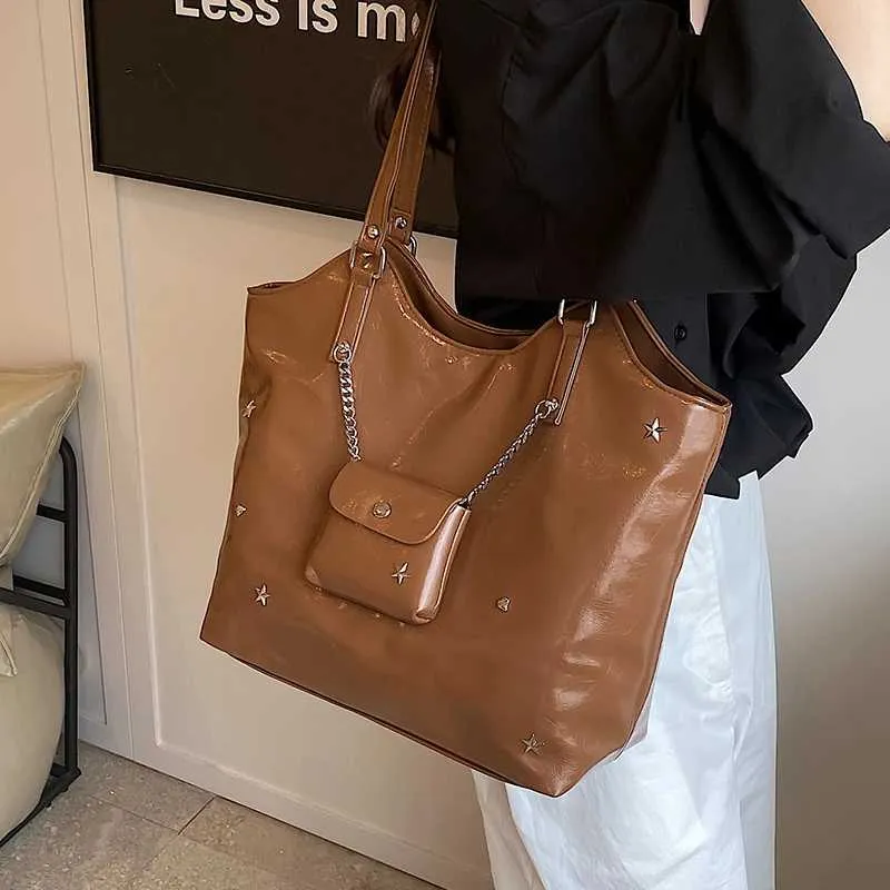 Sacs à bandoulière en cuir PU solide pour femmes, sacs de loisirs de grande capacité pour les déplacements féminins, sacs sous les bras avec étoiles et appliques, poignée_voghion.com