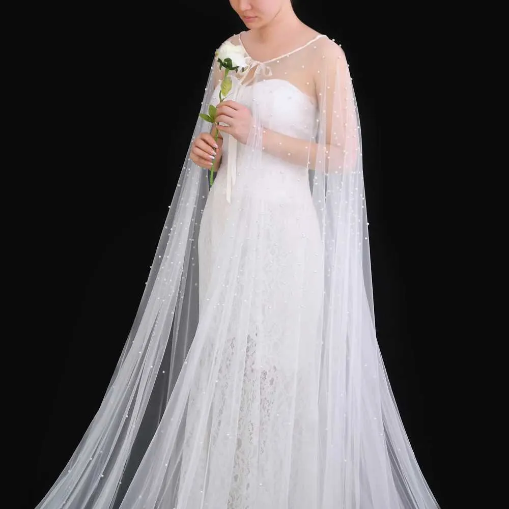 Haarschmuck Damen Perlen Braut Schulterschleier Langer Umhang Abend Cape Jacke Für Frauen Bolero Weicher Tüll Schal Hochzeit_voghion.com