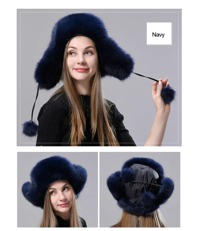 Gorro de aviación ruso de piel natural con orejas Ushanka para mujer, cálido, esponjoso y elegante, gorro de cola para mujer, gorros auténticos de moda para invierno._voghion.com