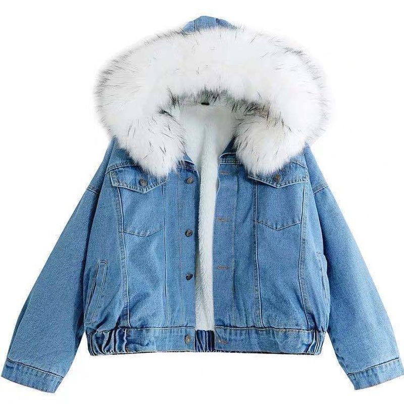 Vêtements pour femmes, hauts en jean à col en fourrure épaisse, vestes courtes amples en coton pelucheux pour femmes_voghion.com