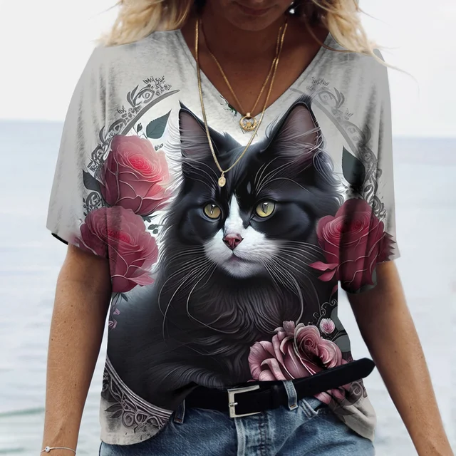 Heißer verkauf Mode frauen T-shirt Katze Gedruckt Kurzarm Weibliche Haruku Tees Damen T-shirt Übergroßen V-ausschnitt Tops Tier Frauen_voghion.com