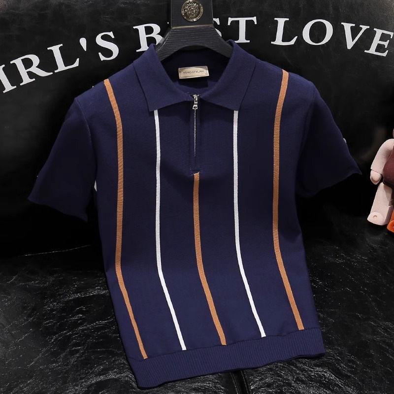 Herenkleding Zomer mode dunne ijs zijde gebreide korte mouwen heren retro gestreepte slanke poloshirt high end revers t-shirt_voghion.com