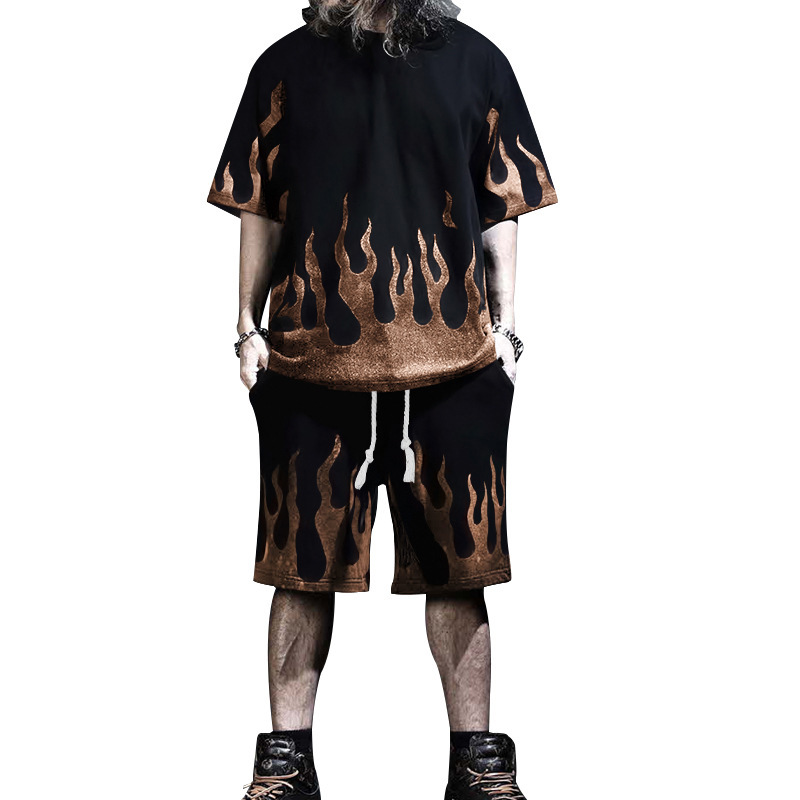 Nowy letni męski zestaw spodenek sportowych z krótkim rękawem z nadrukiem Flame Series_voghion.com