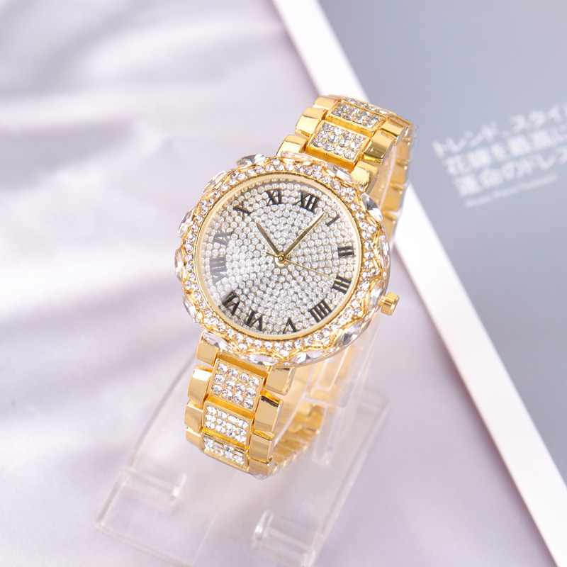 Montre à Quartz pour hommes et femmes, ensemble de bandes en acier, étoile Mantian, plein de diamants, numérique romain, strass, mode 2024