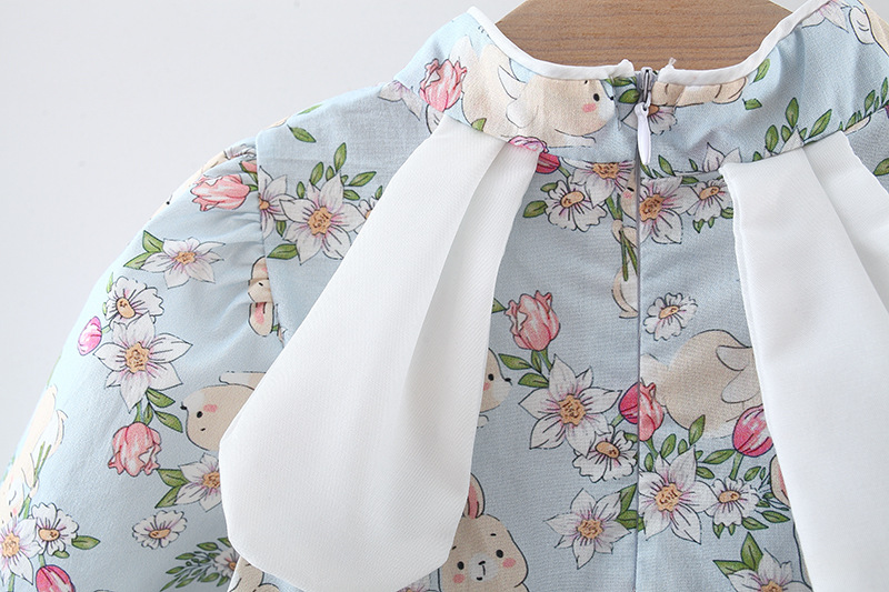 Autumn Baby Girl Dress Rabbit Print Long Sleeved Dress With Rabbit Ears Chinese Qipao Style Children's Clothing_voghion.com