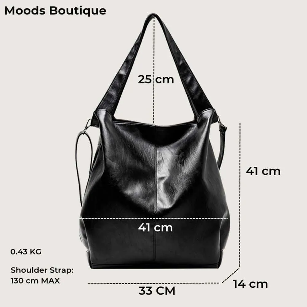 Moods Oversized Black Shoulder Bags per donna in morbida pelle, grande capacità, shopper tote, doppia tracolla, grande borsa a tracolla_voghion.com